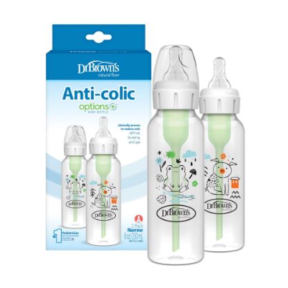 Picture of Dr. Brown's Natural Flow Anti-Colic Options+ Narrow Baby Bottle, Pig & Frog, 8 oz/250 mL, with Level 1 Slow Flow Nipple, BPA Free, 0m+, 2-Pack