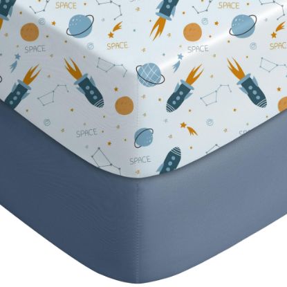 Picture of Yoofoss Pack and Play Sheets Fitted, Mini Crib Sheets 2-Pack for Pack N Play Mattress, Stretchy Playard Sheet, Soft and Breathable Blue Rocket