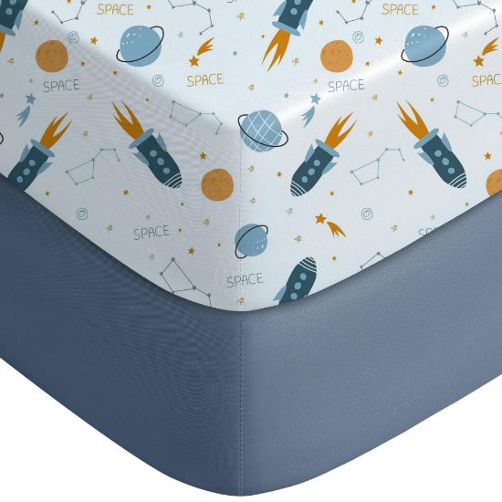Picture of Yoofoss Pack and Play Sheets Fitted, Mini Crib Sheets 2-Pack for Pack N Play Mattress, Stretchy Playard Sheet, Soft and Breathable Blue Rocket