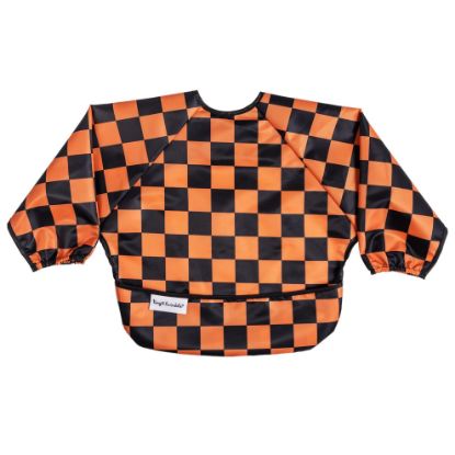 Picture of Tiny Twinkle Mess Proof Baby Bib, Cute Full Sleeve Bib Outfit, Waterproof Bibs for Toddlers, Machine Washable, Tug Proof, Baby Smock for Eating, Long Sleeved (Orange,Black Checkers, Small 6-24 Months)
