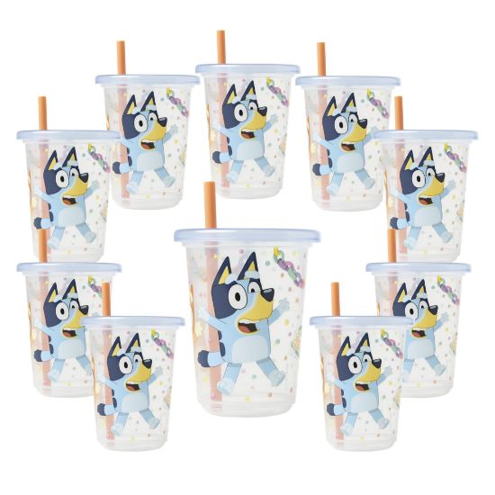 Picture of The First Years Bluey Take & Toss Toddler Straw Cups - Spill Proof Toddler Sippy Cups with Snap On Lids and Straws - Bluey Gifts and Bluey Party Supplies - 10 Oz - 10 Count