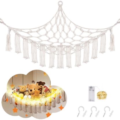 Picture of CERETIA Stuffed Animal Hammock with LED Light, Jumbo Toy Hammock for Stuffed Animals Storage for Kids Room Decor, Stuffed Animal Hammock Corner, White