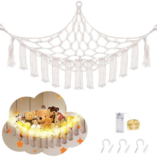 Picture of CERETIA Stuffed Animal Hammock with LED Light, Jumbo Toy Hammock for Stuffed Animals Storage for Kids Room Decor, Stuffed Animal Hammock Corner, White