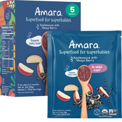 Picture of Amara Organic Baby Food - Stage 2 - Applesauce & Maqui Berry - Baby Cereal to Mix With Breastmilk, Water or Baby Formula - Shelf Stable Baby Food Made from Organic Fruit - 5 Pouches, 3.5oz Per Serving