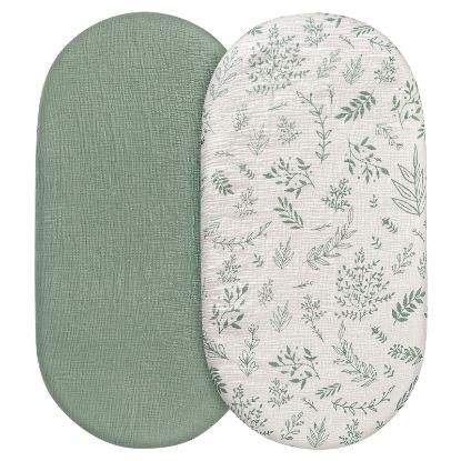 Picture of Muslin Bassinet Fitted Sheets, 2 Pack for Baby Boy and Girl, Soft Breathable Stretchy Baby Pad/Mattress Sheet Set, Universal Fit for Hourglass Oval and Rectangle Bassinet Mattress (Natural Leaves)