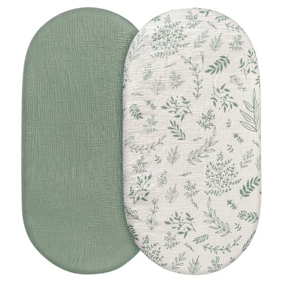 Picture of Muslin Bassinet Fitted Sheets, 2 Pack for Baby Boy and Girl, Soft Breathable Stretchy Baby Pad/Mattress Sheet Set, Universal Fit for Hourglass Oval and Rectangle Bassinet Mattress (Natural Leaves)