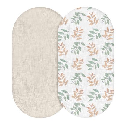 Picture of Muslin Bassinet Fitted Sheets, 2 Pack for Baby Boy and Girl, Soft Breathable Stretchy Baby Pad/Mattress Sheet Set, Universal Fit for Hourglass Oval and Rectangle Bassinet Mattress (Bright Leaves)