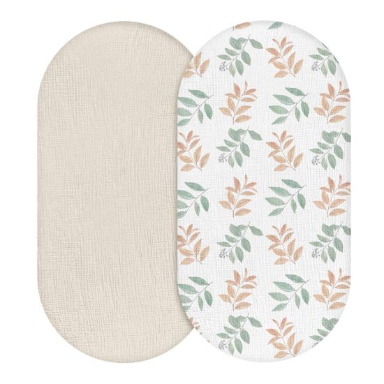 Picture of Muslin Bassinet Fitted Sheets, 2 Pack for Baby Boy and Girl, Soft Breathable Stretchy Baby Pad/Mattress Sheet Set, Universal Fit for Hourglass Oval and Rectangle Bassinet Mattress (Bright Leaves)