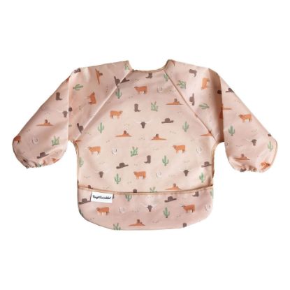 Picture of Tiny Twinkle Mess Proof Baby Bib, Cute Full Sleeve Bib Outfit, Waterproof Bibs for Toddlers, Machine Washable, Tug Proof Closure, Baby Smock for Eating, Long Sleeved (Cowboy, Small 6-24 Months)