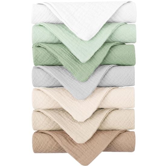 Picture of Konssy Baby Muslin Washcloths 7-Pack, 100% Cotton Baby Bath Washcloths, Soft & Absorbent Wash Cloths and Burp Cloths for Newborn Kids Girls & Boys, 11x11 inches