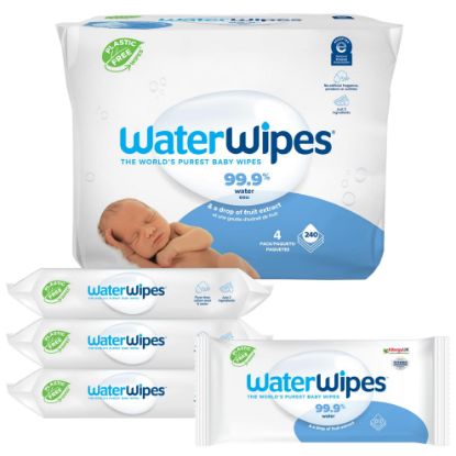 Picture of WaterWipes Original Baby Wipes, 99.9% Water-Based Wipes, Unscented & Hypoallergenic for Sensitive Skin, 240 Count (4 Packs), Packaging May Vary