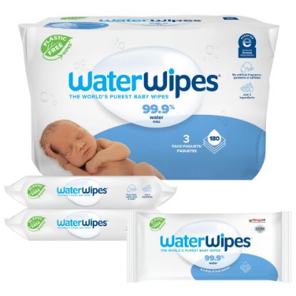 Picture of WaterWipes Plastic-Free Original Baby Wipes, 99.9% Water Based Wipes, Unscented & Hypoallergenic for Sensitive Skin, 180 Count (3 packs), Packaging May Vary