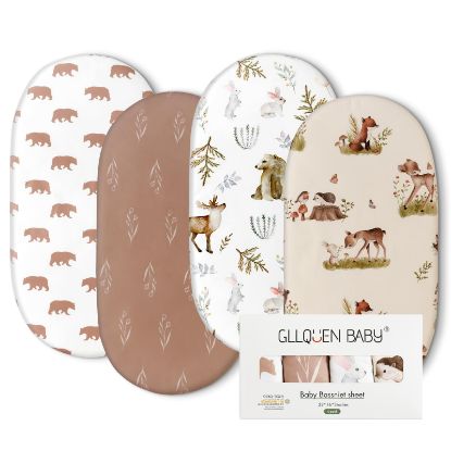 Picture of Gllquen Baby Bassinet Sheets 4 Pack, Breathable Cozy Fitted Mattress Sheet, Elastic Travel Crib Fashionable Floral Pattern, Standard Cradle Safe Sheets for Baby Boy Girls 32"X16" (Bear)