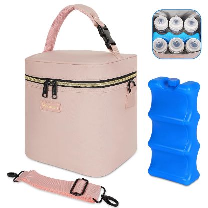 Picture of Mancro Breastmilk Cooler Bag Fits 6 Bottles Up to 9 Ounce, Insulated Baby Bottle Bag Comes with ice Pack and Shoulder Strap, Baby Bottle Cooler Bags for Daycare Nursing, Pink