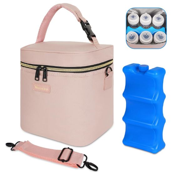 Picture of Mancro Breastmilk Cooler Bag Fits 6 Bottles Up to 9 Ounce, Insulated Baby Bottle Bag Comes with ice Pack and Shoulder Strap, Baby Bottle Cooler Bags for Daycare Nursing, Pink