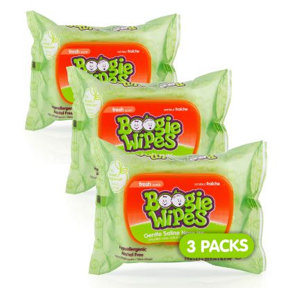 Picture of Saline Nose Wipes by Boogie, for Baby & Kids, Face, Hand & Body, FSA/HSA Eligible, Made with Vitamin E, Aloe, and Natural Saline, Fresh Scent, 90 Count (Pack of 1)