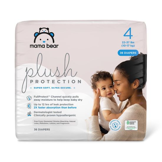Picture of Amazon Brand - Mama Bear Plush Protection Diapers - Size 4, 36 Count, Hypoallergenic Premium Disposable Baby Diapers, White and Cloud Dreams