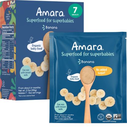 Picture of Amara Organic Baby Food - Stage 1 - Banana - Baby Cereal to Mix With Breastmilk, Water or Baby Formula - Shelf Stable Baby Food Pouches Made from Organic Fruit - 7 Pouches, 3.5oz Per Serving