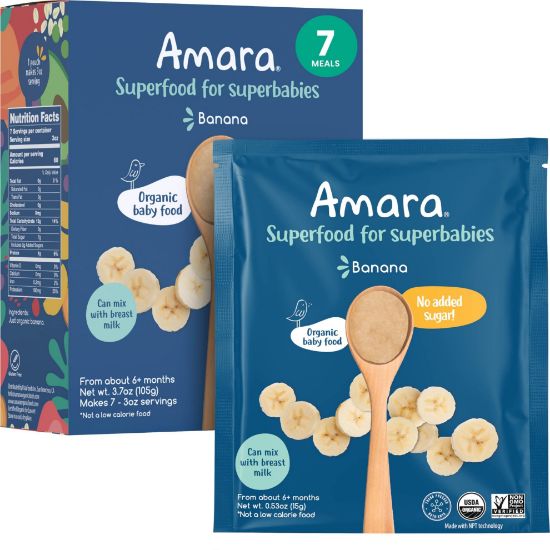 Picture of Amara Organic Baby Food - Stage 1 - Banana - Baby Cereal to Mix With Breastmilk, Water or Baby Formula - Shelf Stable Baby Food Pouches Made from Organic Fruit - 7 Pouches, 3.5oz Per Serving