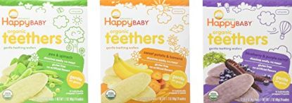 Picture of Happy Baby Organic Teethers Gentle Teething Wafers 3 Flavor Sampler Bundle: (1) Pea & Spinach Teething Wafers, (1) Sweet Potato & Banana Wafers, and (1) Blueberry & Purple Carrot Wafers, 1.7 Oz. Ea.