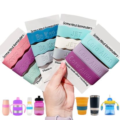 Picture of 3 Piece Personalized Baby Bottle Labels for Daycare School Summer Camp Customized Children's Water Bottle Name Bands Custom Engraved Reusable Silicone Cup Bands Labels