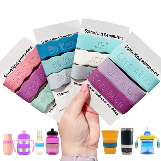 Picture of 3 Piece Personalized Baby Bottle Labels for Daycare School Summer Camp Customized Children's Water Bottle Name Bands Custom Engraved Reusable Silicone Cup Bands Labels