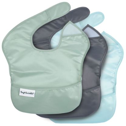Picture of Tiny Twinkle Mess-Proof Baby Bib - Waterproof Bib for Baby Boy or Girl - Machine Washable - Adjustable Closure- PVC, BPA, & Phthalate Free - Great for Travel - Baby Food Bibs (3 Pack, Sage, Charcoal)