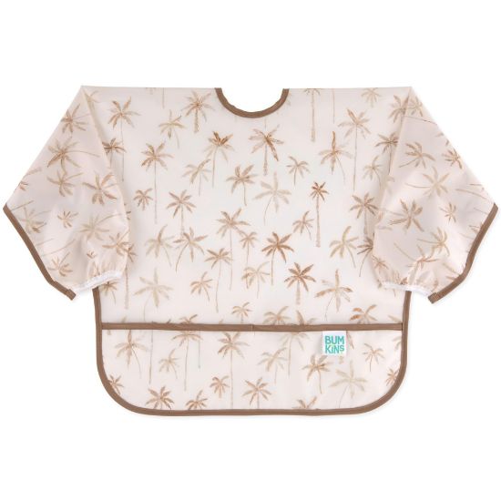 Picture of Bumkins Sleeved Bib for Girl or Boy, Baby and Toddler for 6-24 Mos, Essential Must Have for Eating, Feeding, Baby Led Weaning Supplies, Long Sleeve Mess Saving Food Catcher, Soft Fabric, Palm Trees