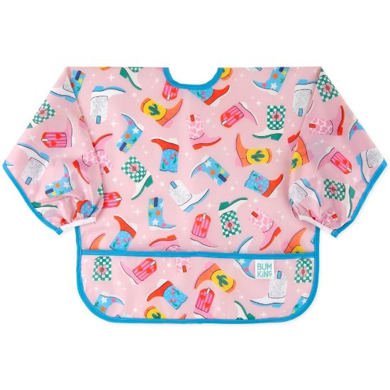 Picture of Bumkins Sleeved Bib for Girl or Boy Baby and Toddler for 6-24 Mos, Essential Must Have for Eating, Feeding, Baby Led Weaning Supplies, Long Sleeve Mess Saving Food Catcher, Soft Fabric, Cowgirl Boots