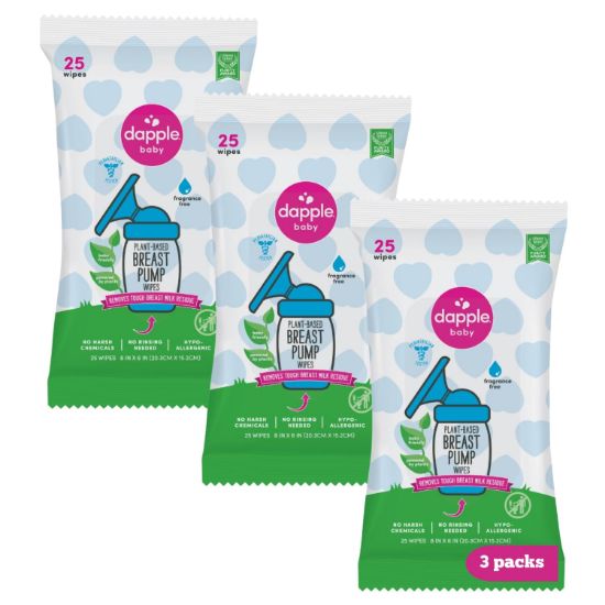 Picture of Breast Pump Wipes by Dapple Baby, Hypoallergenic & Powered by Plants, Removes Milk Residue, Leaves No Taste, Convenient Wipes Pouch, Fragrance Free, 25 Count (Pack of 3)