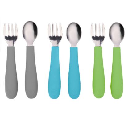 Picture of WeeSprout Toddler Utensils, 3 Forks & 3 Spoons, 18/8 Stainless Steel & Food Grade Silicone, Thick Easy-Grip Handles, Perfect Length For New Self Feeders, Gentle On Gums & Teeth, Dishwasher Safe