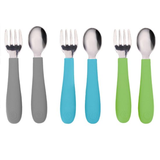 Picture of WeeSprout Toddler Utensils, 3 Forks & 3 Spoons, 18/8 Stainless Steel & Food Grade Silicone, Thick Easy-Grip Handles, Perfect Length For New Self Feeders, Gentle On Gums & Teeth, Dishwasher Safe