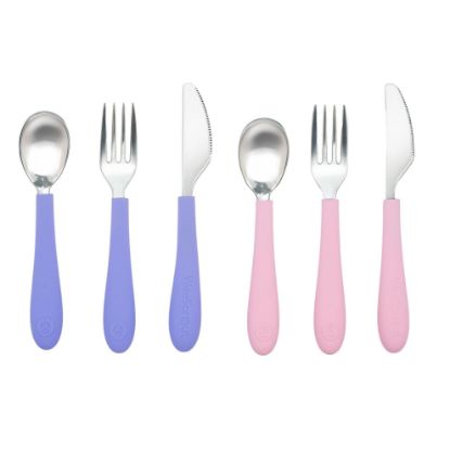Picture of Kids Stainless Steel Utensils Set - Premium 18/8 Grade Silverware Kit - 2 Spoons, 2 Forks, and 2 Knives for Ages 4-7 - Silicone Easy-Grip Handles - Children Flatware Cutlery (Bright - Purple, Pink)