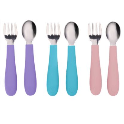 Picture of WeeSprout Toddler Utensils, 3 Forks & 3 Spoons, 18/8 Stainless Steel & Food Grade Silicone, Thick Easy-Grip Handles, Perfect Length For New Self Feeders, Gentle On Gums & Teeth, Dishwasher Safe