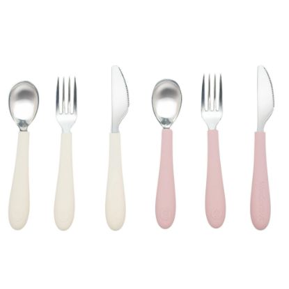 Picture of Kids Stainless Steel Utensils Set - Premium 18/8 Grade Silverware Kit - 2 Spoons, 2 Forks, and 2 Knives for Ages 4-7 - Silicone Easy-Grip Handles - Children Flatware Cutlery (Matte - Pink, Off White)