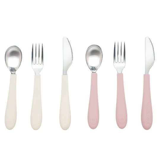Picture of Kids Stainless Steel Utensils Set - Premium 18/8 Grade Silverware Kit - 2 Spoons, 2 Forks, and 2 Knives for Ages 4-7 - Silicone Easy-Grip Handles - Children Flatware Cutlery (Matte - Pink, Off White)