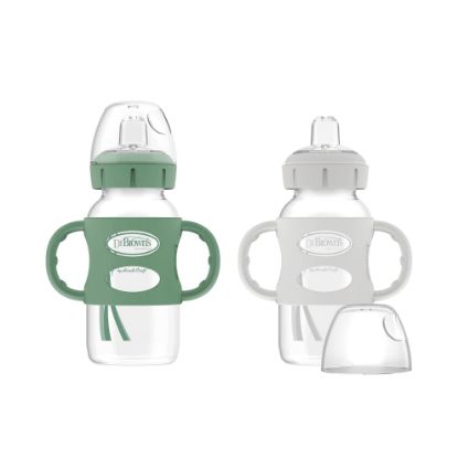 Picture of Dr. Brown's Milestones Wide-Neck Sippy Spout Bottle with 100% Silicone Handles, Easy-Grip Handles with Soft Sippy Spout, 9oz/270mL, Green & Gray, 2-Pack, 6m+