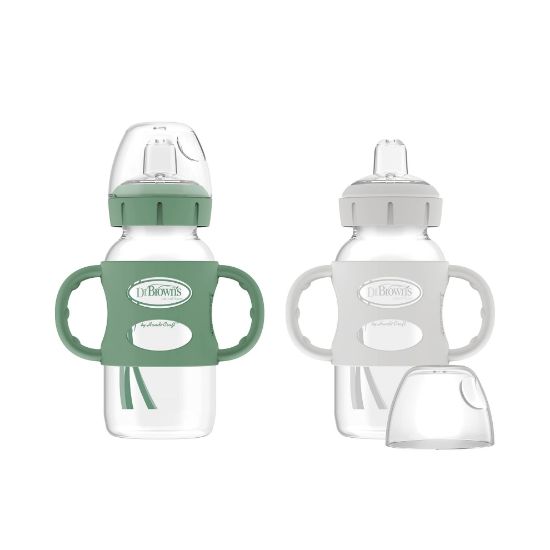 Picture of Dr. Brown's Milestones Wide-Neck Sippy Spout Bottle with 100% Silicone Handles, Easy-Grip Handles with Soft Sippy Spout, 9oz/270mL, Green & Gray, 2-Pack, 6m+