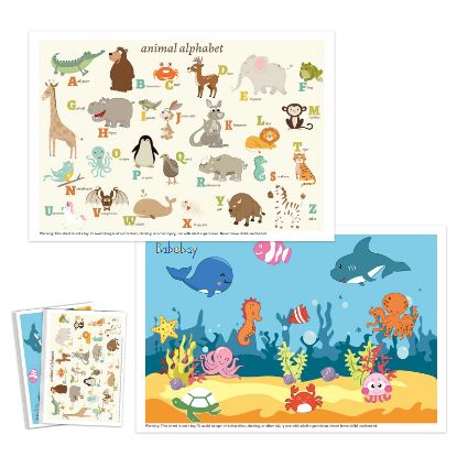 Picture of Babebay Disposable Placemats for Baby, 60 Pack Sticky Toddler Placemat for Restaurants, Dining Table, Party, Travel, 12" x 18" with 2 Designs