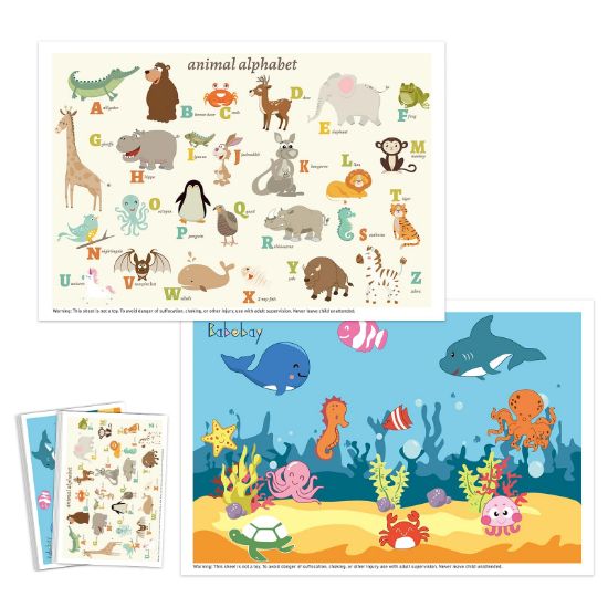 Picture of Babebay Disposable Placemats for Baby, 60 Pack Sticky Toddler Placemat for Restaurants, Dining Table, Party, Travel, 12" x 18" with 2 Designs