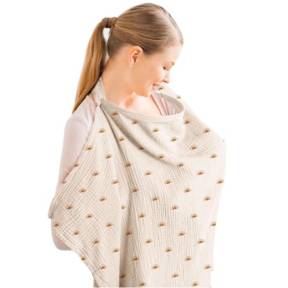 Picture of Konssy Muslin Nursing Cover for Baby Breastfeeding, Breathable 100% Cotton Breastfeeding Cover with Rigid Hoop for Mother Nursing Apron, Multi-use Carseat Canopy (Sun)