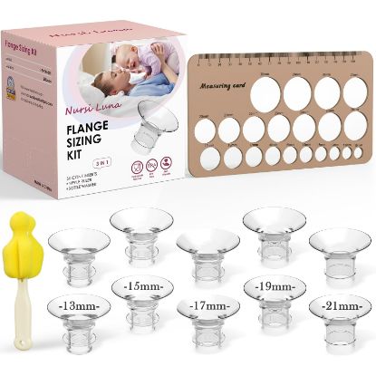Picture of Nursi Luna Flange Sizing Kit 3 in 1 Ultimate with 10PCS Flange Inserts 13/15/17/19/21mm, Nipple Ruler, Cleaning Brush, Silicone Flange Insert Kit for 24mm Most Pumps, Pumping Breastfeeding Essentials