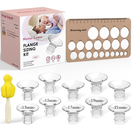 Picture of Nursi Luna Flange Sizing Kit 3 in 1 Ultimate with 10PCS Flange Inserts 13/15/17/19/21mm, Nipple Ruler, Cleaning Brush, Silicone Flange Insert Kit for 24mm Most Pumps, Pumping Breastfeeding Essentials
