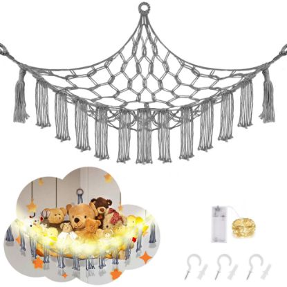Picture of CERETIA Stuffed Animal Hammock with LED Light, Jumbo Toy Hammock for Stuffed Animals Storage for Kids Room Decor, Stuffed Animal Hammock Corner, Grey