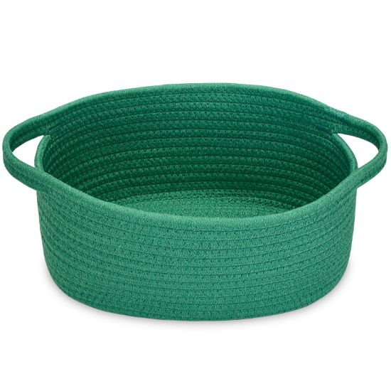 Picture of ABenkle Small Basket, 12"x 8" x 5" Cute Small Woven Basket, Rope Room Shelf Storage Basket, Cat Dog Toys Basket Chest Box, Decorative Empty Gift Basket with Handles - Deep Green