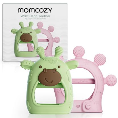 Picture of Momcozy Baby Teether Toys | Food Grade Silicone Teething Relief 0-6 Months | Essential Toy 6-12 Months | Green and Pink