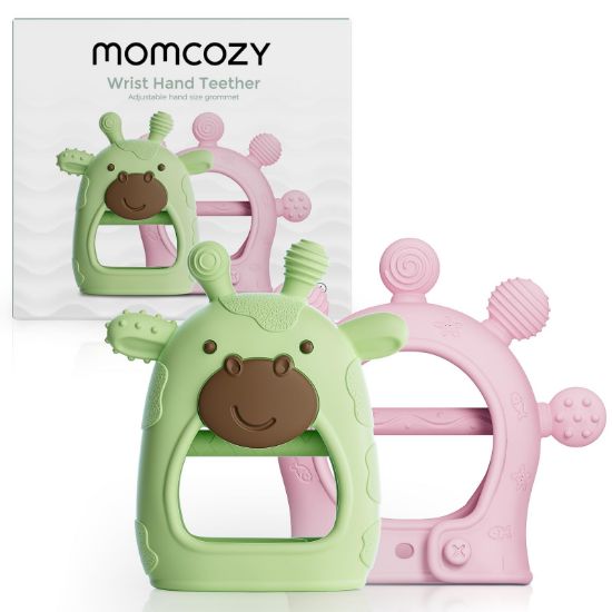 Picture of Momcozy Baby Teether Toys | Food Grade Silicone Teething Relief 0-6 Months | Essential Toy 6-12 Months | Green and Pink