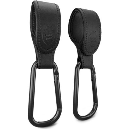 Picture of Baby Uma Stroller Hooks for Bags (2 Pack) - Faux-Leather Stroller Clips and Hooks, Universal, 11 lb Weight Capacity per Carabiner, Adjustable & Non-Slip, Baby Travel Essential (Black)
