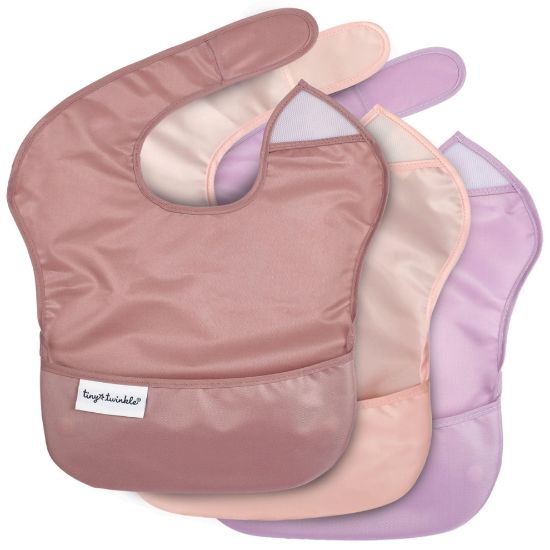 Picture of Tiny Twinkle Mess-Proof Baby Bib - Waterproof Bib for Baby Girl - Machine Washable - Adjustable Closure - PVC, BPA, & Phthalate Free - Great for Travel - Baby Food Bibs (3 Pack, Taupe, Rose)