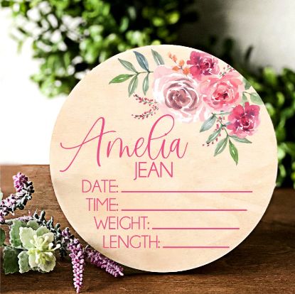 Picture of Personalized Birth Stat Sign Personalized for Baby, Newborn Birth Hospital Photo Prop, Nursery Decor for Boy, Personalized Announcement, Welcome Plaque, Baby Shower Gift (Pink Floral)